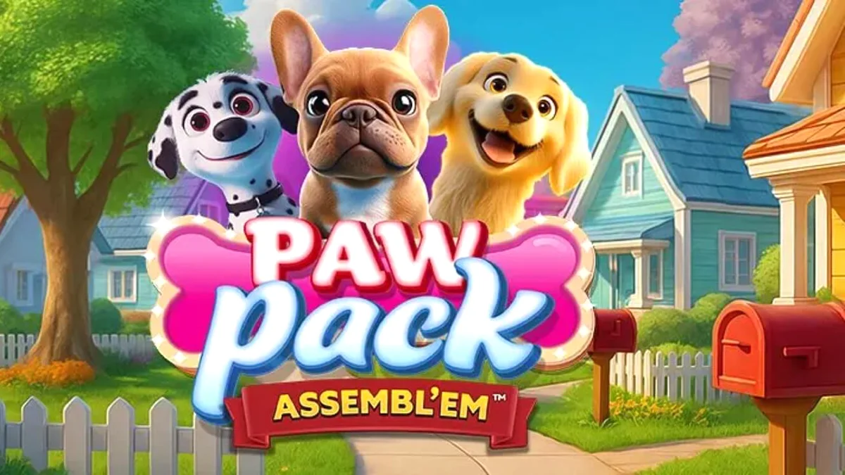 Tampilan visual slot Paw Pack Assembl’Em dengan karakter anjing kartun